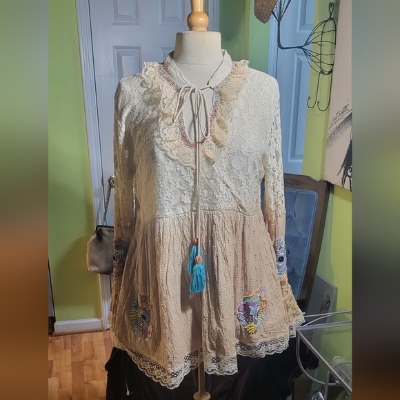 Beatnik Philosophy Tops - BOHO Chic Embellished Lace Top by Beatnik Philosophy